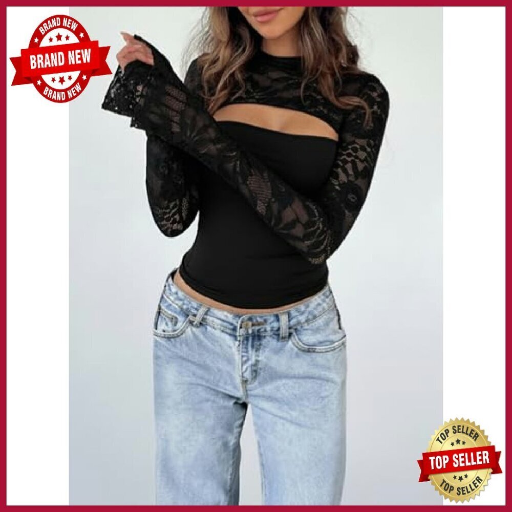 Lace Long Sleeve Top Y2K Crew Neck Cutout Slim Fit Night Out - Picture 4 of 8